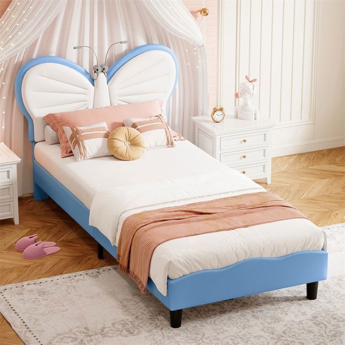 Lit enfant Papillon 90x190 cm - Lit simple - Tête de Lit avec Lampes de Lecture LED - Sans matelas - Blanc et Bleu