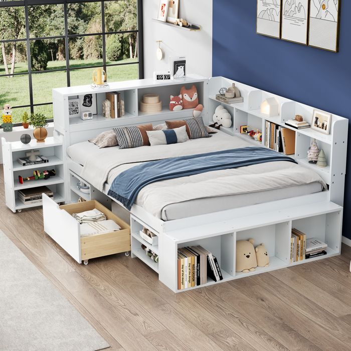Lit combiné enfant 140×200 cm 1 place avec tiroir bibliothèque et placards sans matelas blanc - UVRION