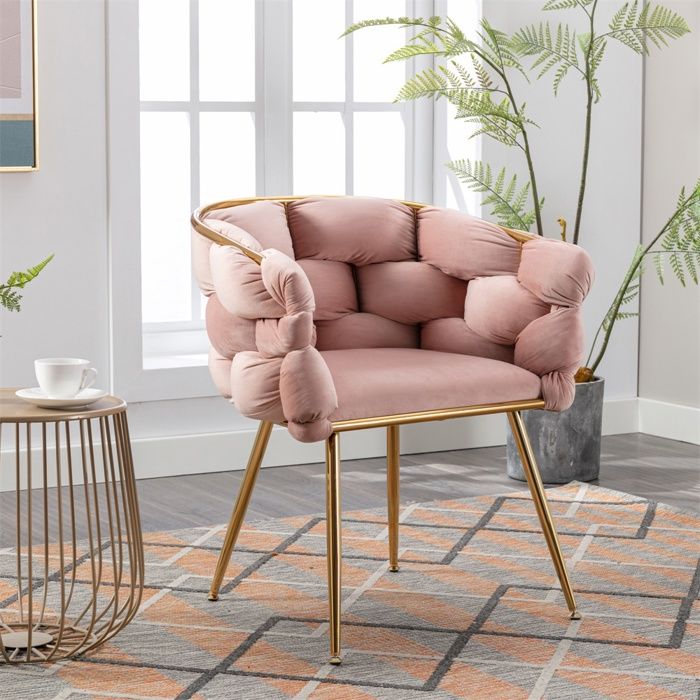 Chaise de maquillage - Fauteuil de relaxation - Fauteuil d accent avec pieds en metal dore pour chambre et salon - Rose