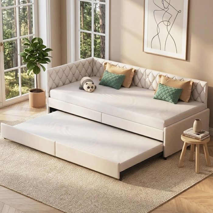 Lit gigogne 90x200 cm -SORVAGLOS - lit Banquette -canapé lit extensible 90/180x200 cm avec sommier à lattes- velours -beige