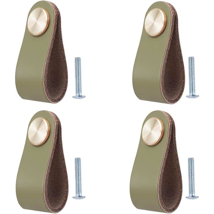 Lot de 4 poignées en cuir vintage pour meubles portes placards et tiroirs. Idéal pour armoires commodes cuisine et salle - Vert