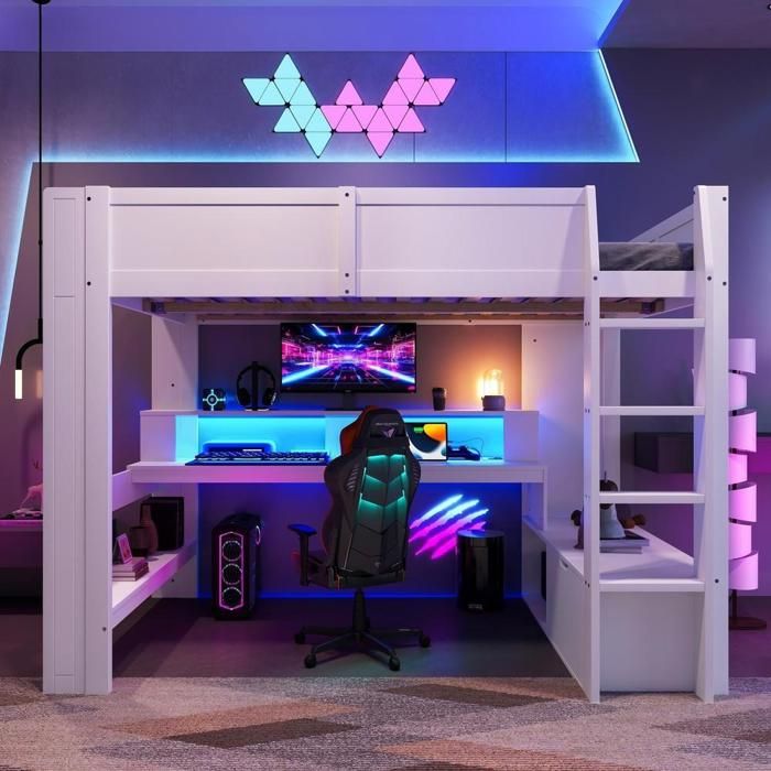 Lit mezzanine - KOMHTOM - gaming - 140x200 cm - bureau + tiroir + étagères - LED 16 couleurs Lit mezzanine - KOMHTOM - gaming - 140x200 cm - bureau + tiroir + étagères - LED 16 couleurs