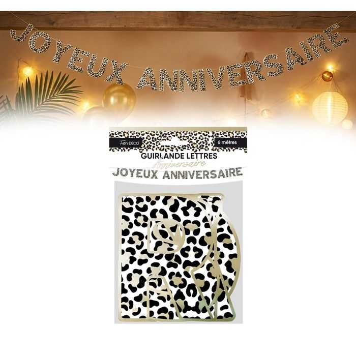 GUIRLANDE LETTRES ANNIVERSAIRE LÉOPARD JUNGLE 6M Or / Noir / Blanc