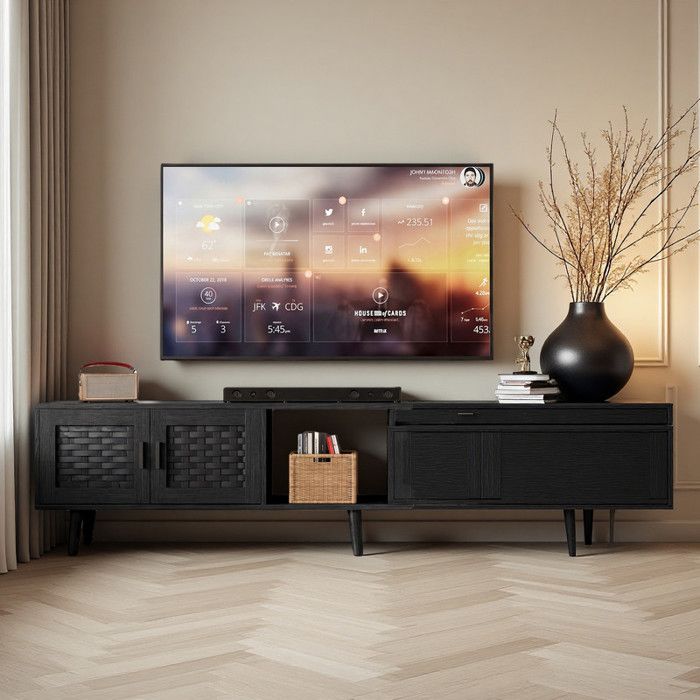 Meuble TV extensible noir 146-180cm 4 tiroirs rotin PVC H169cm E1 – Vitrine salon design scandinave