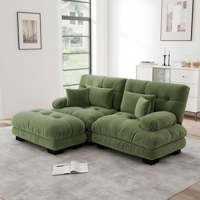 Canapé dAngle chenille 2 coussins lombaires 2 coussins déco larges accoudoirs ottoman vert