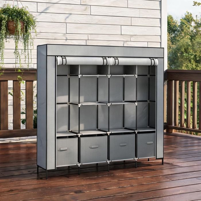 Armoire garde-robe en acier gris froid 166x42 5x169 5 cm avec 2 penderies 4 tiroirs et 10 niches