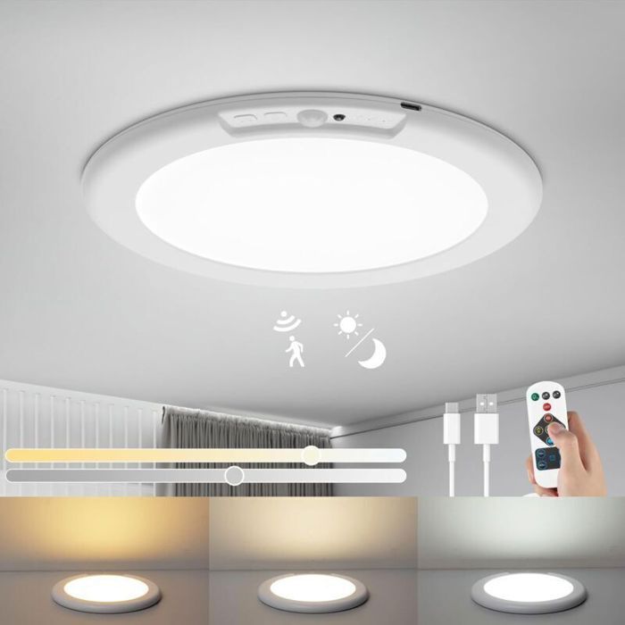 Plafonnier LED avec Detecteur de Mouvement 6000mAh Rechargeable Sans Fil avec Télécommande Ø19CM Rond Lampe Plafond 3000K-6500K