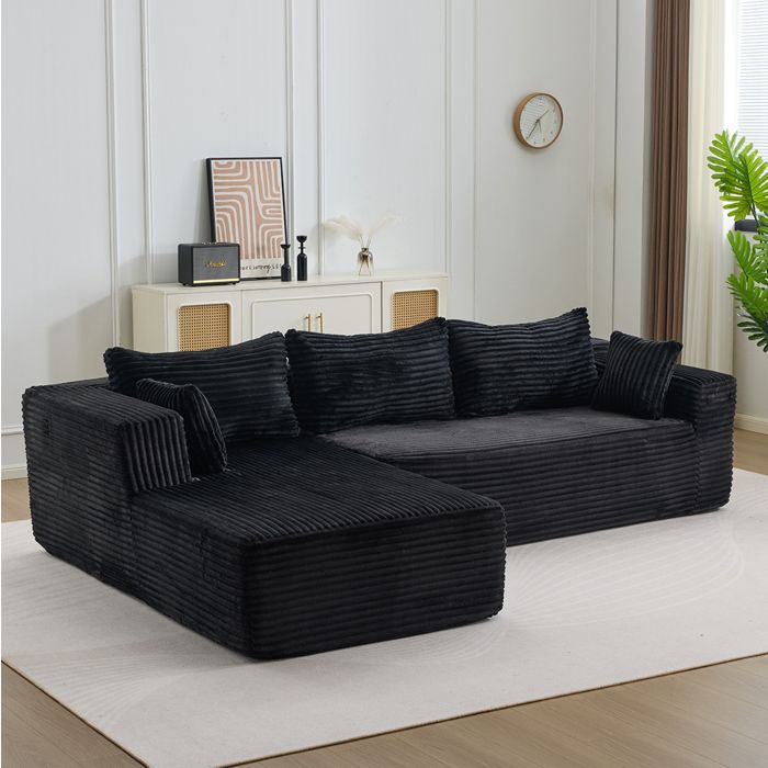 Canapé d’angle modulable compressé en velours côtelé noir chaise longue sans montage