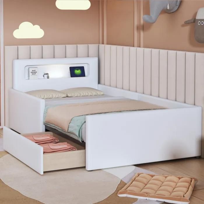 Lit enfant 90x200 rembourré blanc avec LED port USB tiroirs de rangement et barrières de sécurité Blanc blanc LIT EVOLUTIF