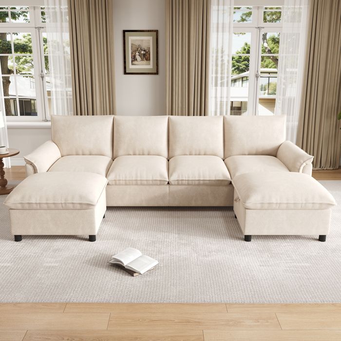 Canapé modulaire en U - Beige - Chenille - Dimensions L264.5/P142.5/H84 cm - 2 poufs amovibles - Dossier haut 43 cm