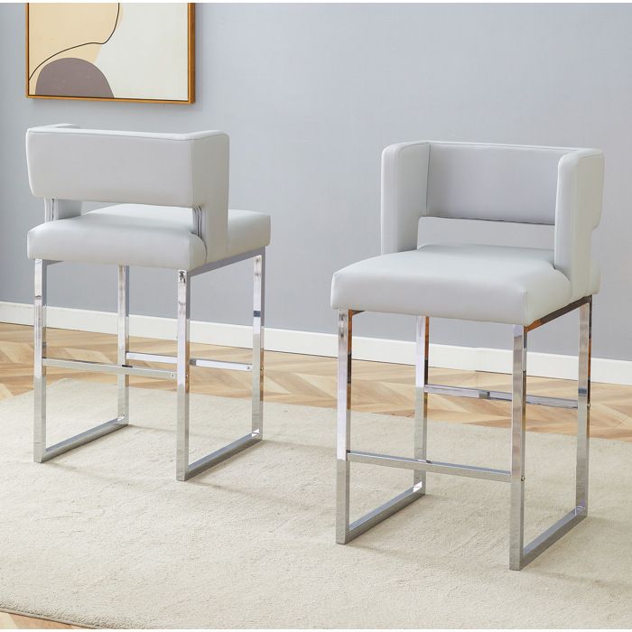 JOINERY Chaise Tabouret Bar Lot De 2 Assise Rembourrée Gris Clair Métal Argenté Similicuir PU Style Scandinave 91 4 Cm
