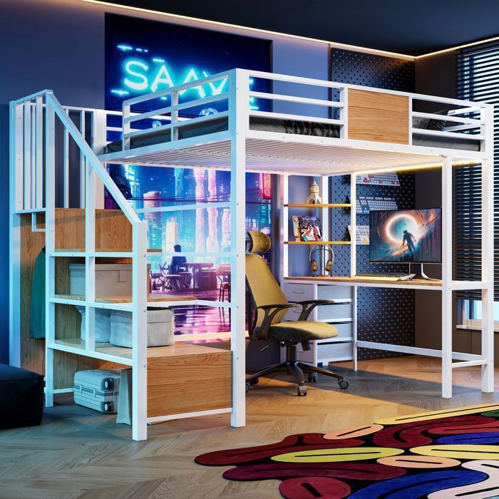 Lit Mezzanine 140x200 avec bureau et étagères - lit double - métal solide penderie éclairage LED prise intégrée gain despace