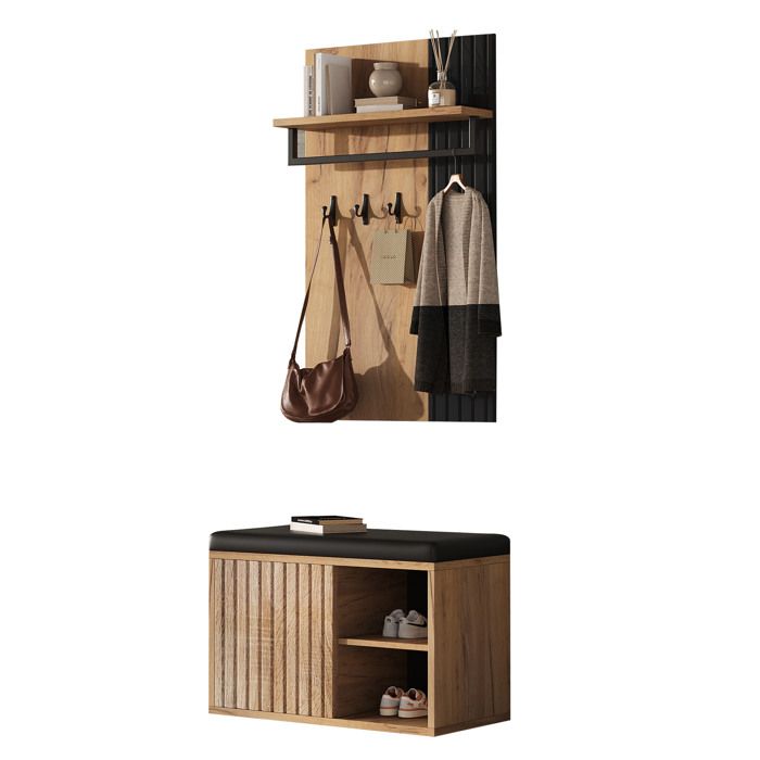Meuble dentrée avec 2 portes 3 crochets et banc à chaussures rembourré - pour entrée - 70×36×146 cm - noir et naturel