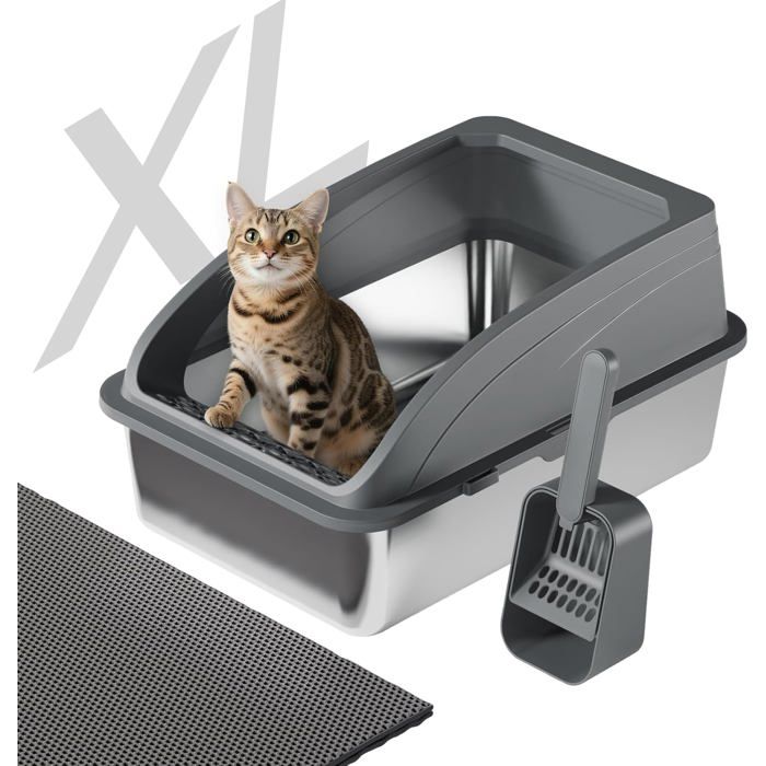 Litière Chat Acier Inoxydable Semi-Fermée GrandeGris FoncéAvec Pelle À LitièreTapis Double CoucheBac En Acier Inoxydable