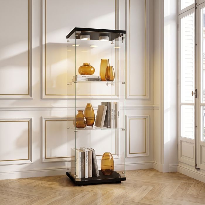 Vitrine de Collection avec LED Vitrine en Verre Trempé 1 Porte et 3 Étagères Meuble dExposition pour Salon Chambre Bar Noir