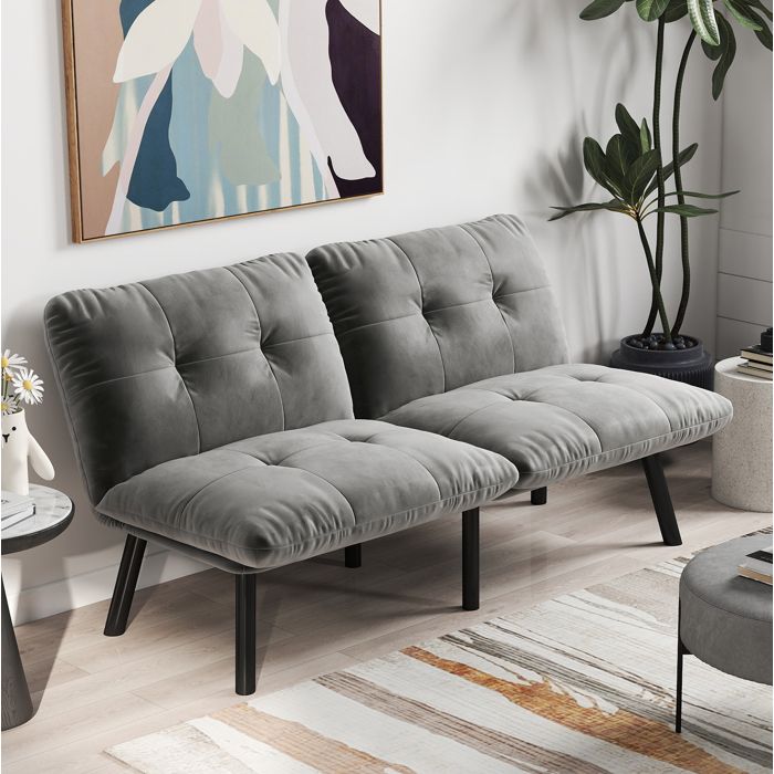 Canape convertible 3-en-1 2 places gris en velours avec structure metal sans accoudoirs gain de place