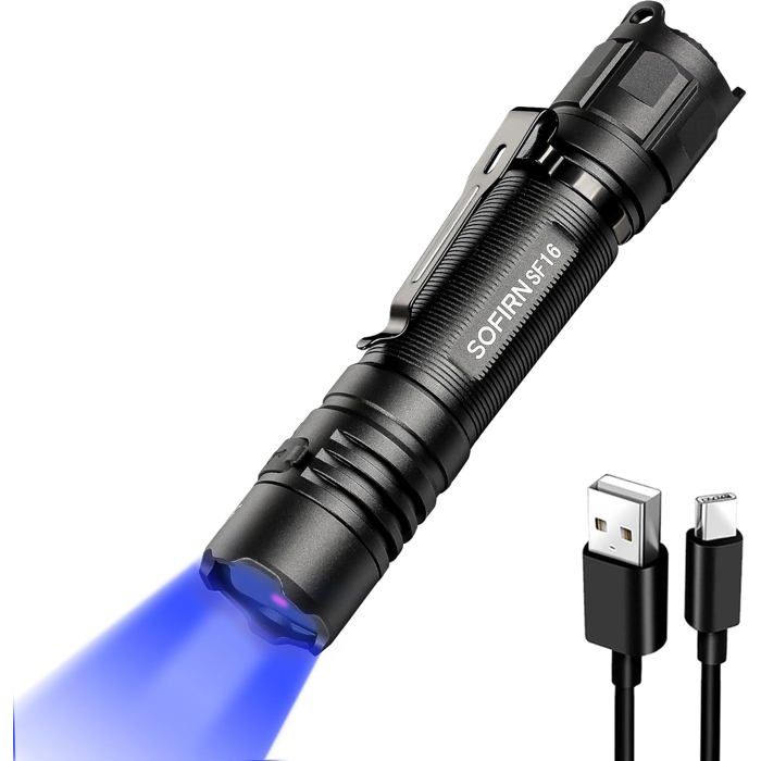 Lampe de poche UV 365 nm - Lumière noire - Lampe torche tactique rechargeable à LED pour détecter lurine de chien -(SF16 Noir)