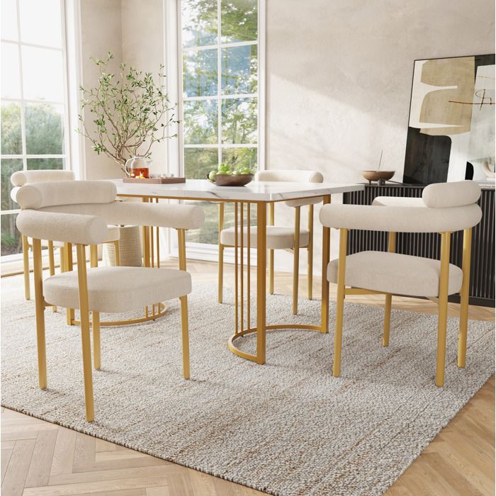 Ensemble Table A Manger 5 Pieces Beige Et Doré Table Moderne FloraGrace Pour Salle À Manger A Monter Soi-Meme 140x80x75cm