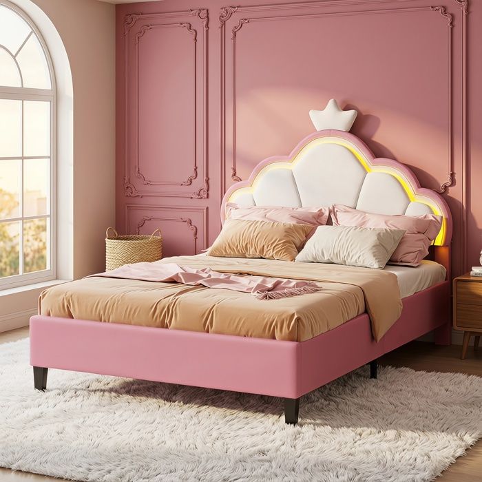 Lit 90x190 - structure de lit - RWUDV - LED - Lit enfant 90x190 - lit fille lit princesse-tête de lit couronne-sommier-Velours Rose