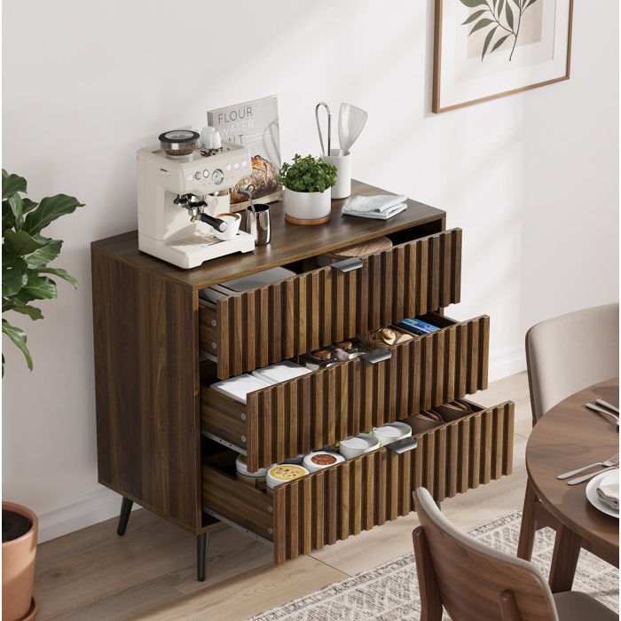 MEUBLIV Commode 3 tiroirs effet bois noyer poignées et pieds métalliques style moderne