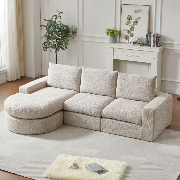 WUVRIE Canapé dangle compressé 3 places en chenille beige modulable avec méridienne réversible 250 x 160 x 80 cm