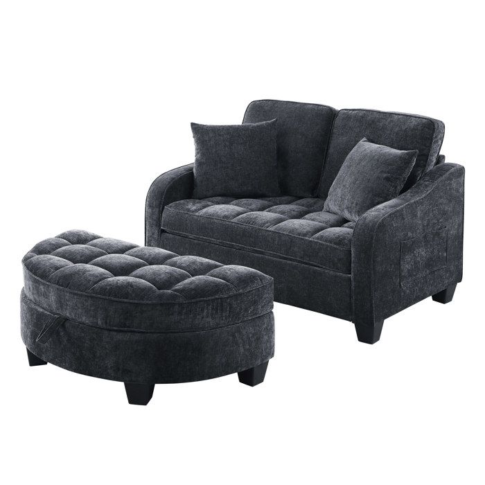 Canapé-lit convertible 2-en-1 noir en chenille avec pouf de rangement mobile