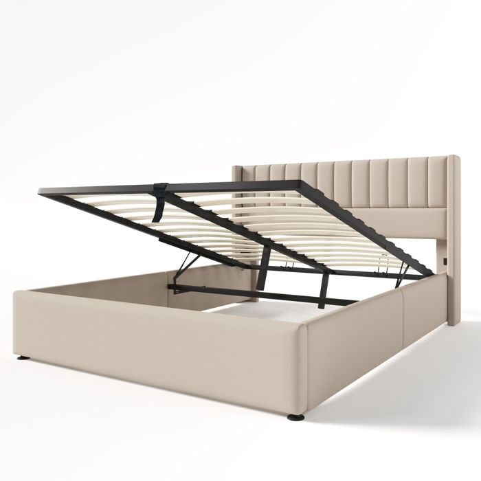 Lit coffre 140x200 cm beige en lin avec sommier hydraulique et cadre à lattes en bois Lit coffre 140x200 cm beige en lin avec sommier hydraulique et cadre à lattes en bois