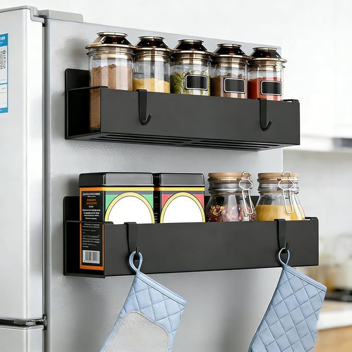 2 Pièces Etagere Magnetique Magnétique Range Epices Cuisine Noir Étagères Aimantée Frigo Acier Au Carbone Avec 4 Crochets Po[AT178]