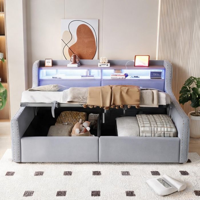 Canapé-lit convertible 90x200 cm en velours gris clair avec rangement hydraulique éclairage LED et ports de charge