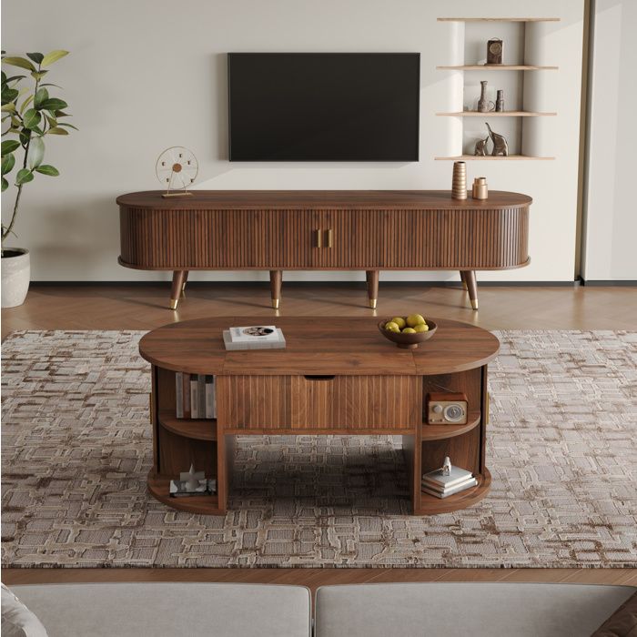Ensemble salon 2 pièces meuble TV et table basse relevable portes coulissantes style vintage noyer MDF VEVXYN