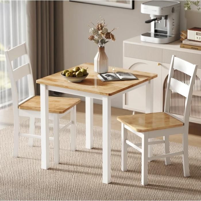 Lot de 2 chaises de cuisine AESVAR en bois dhevea dossier a barreaux courbe blanc et bois clair