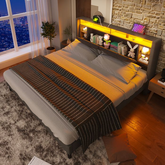 Lit rembourré double gris 160x200 cm tête de lit rangement 2 USB et 2 prises LED 223 x 169 x 107 cm sans matelas chambre ado