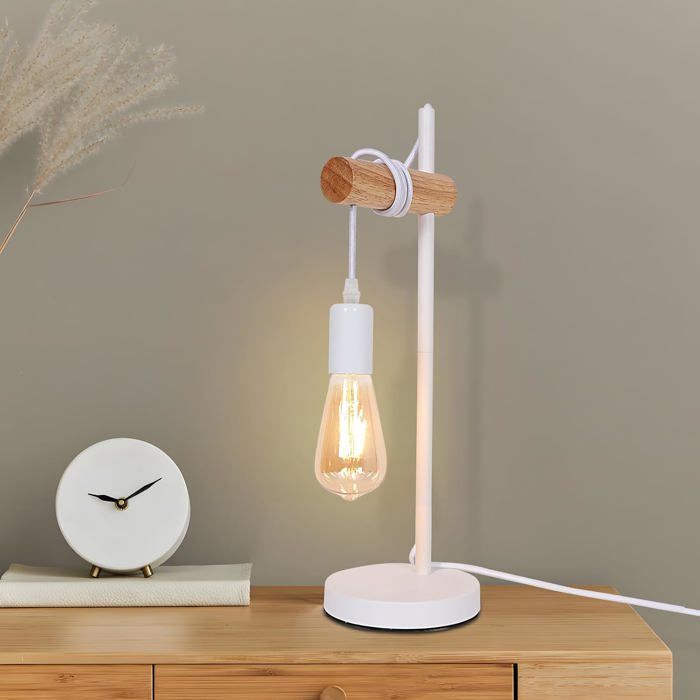 Lampe De Table E27 Industrielle Lampe De Chevet Métal Blanc Veilleuse Bois Vintage Avec Interrupteur 1.5M Base De Veilleuse [EC293]