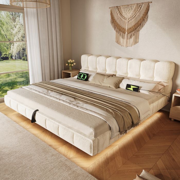 Lit rembourré 140x190 cm design nuage effet suspendu LED USB/Type-C et rangement hydraulique – Chenille beige (sans matelas)