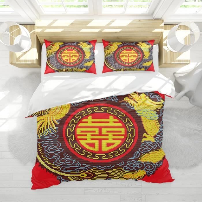 ZZDXW Housse de Couette 260 x 240 Dragon Chinois Rouge Vin Housses de Couettes Ado Adulte Housse de Couette Fermeture Eclair Parure de Lit 2 Places Personne Romantique Microfibre avec