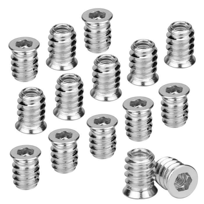 50PCS Insert Fileté Bois Ecrou Hexagonal M6 x 15 mm Insert a Visser en Alliage de Zinc Douille Filetée Vis à Tête Insert Bois M6