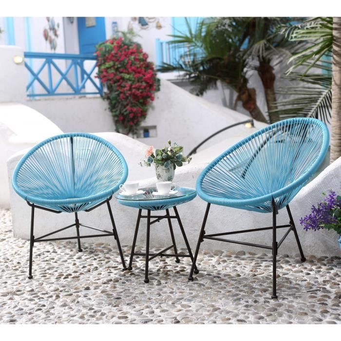 ACAPULCO - Ensemble 2 fauteuils oeuf + table basse bleu