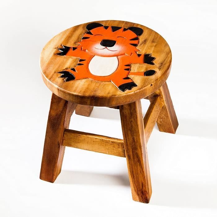 tabouret enfant en bois motif tigre - tabouret solide pour chambre d'enfant