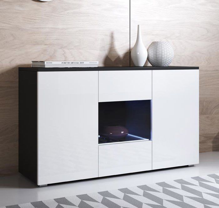 Buffet Bahut 3 portes 2 étagères vitrine LED 120 x 72 x 40 cm Couleur Noir et Blanc Finition Brillante Rangement LUKE A2