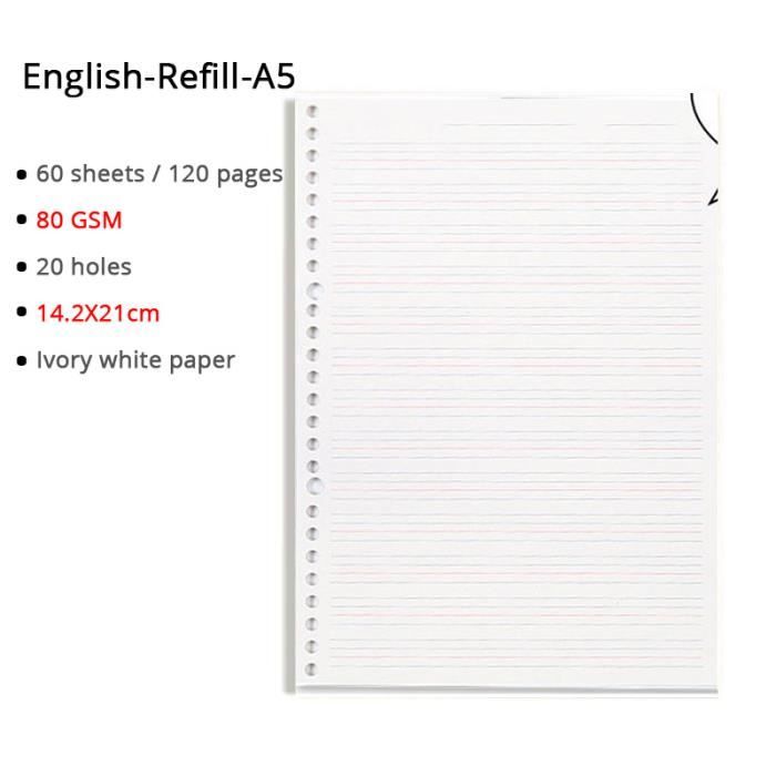 Lot 120 Feuilles Papier Recharge A5 6 Trous + 10 Intercalaires Colorés Pour Classeur Et Agenda