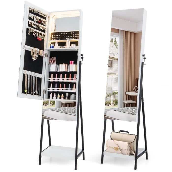 COSTWAY Armoire à Bijoux sur Pied - Miroir Pleine Longueur Lumières LED 3 Couleurs Miroir Intérieur Porte Verrouillable - Blanc