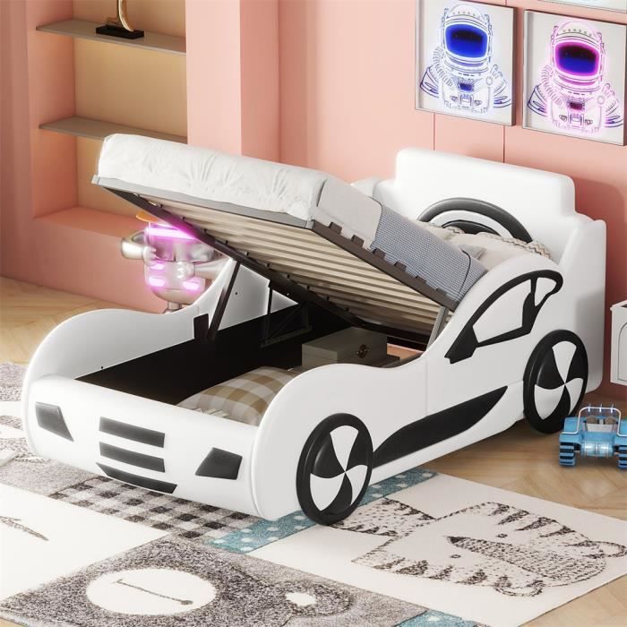DRIPEX Lit enfant 90 x 200 cm modèle lit voiture lit enfant avec espace de rangement sous le lit Blanc