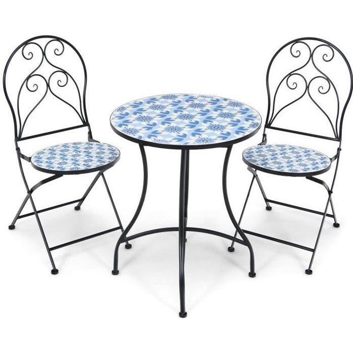 GOPLUS Ensemble Bistrot Pliable avec 1 Table Ronde et 2 Chaises Pliantes, Design de Mosaïque, pour Balcon, Terrasse, Bleu