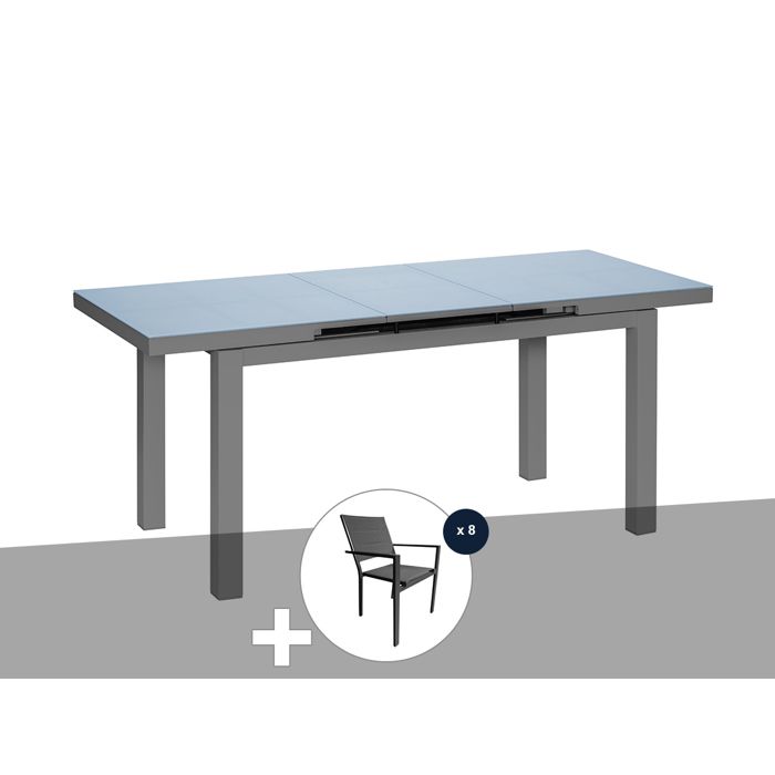 Table de jardin rectangulaire extensible en aluminium Ibiza Anthracite 6/8 places + 8 chaises - Jardiline Table de jardin rectangulaire extensible en aluminium Ibiza Anthracite 6/8 places + 8 chaises - Jardiline
