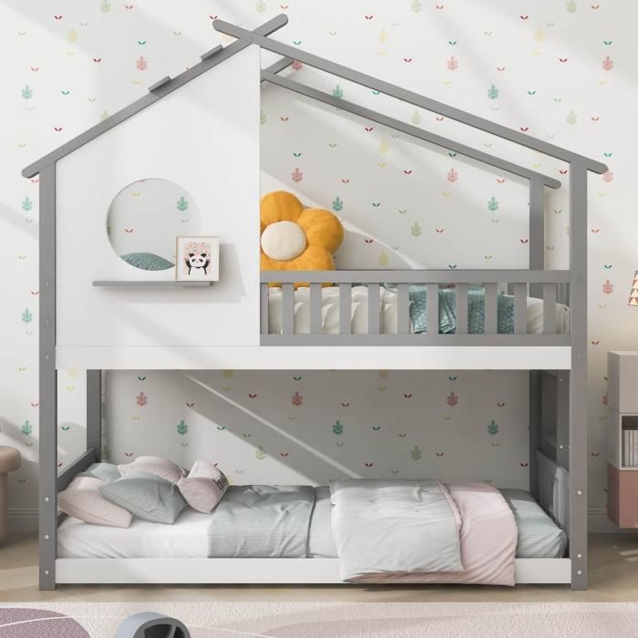 lit cabane - kana - lit superposé - 2x90x200cm - avec fenêtre et barrière de sécurité - tête de lit inclus - cadre en pin