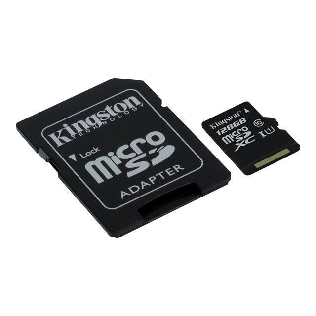Carte mémoire microSD 128 Go - Kingston - SDC10G2 - UHS-I - 45 Mo/s - Adaptateur inclus Carte mémoire microSD 128 Go - Kingston - SDC10G2 - UHS-I - 45 Mo/s - Adaptateur inclus