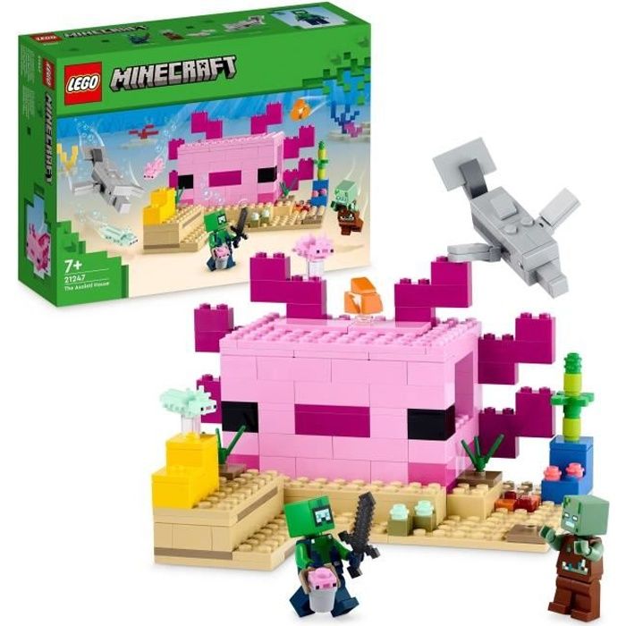 LEGO® Minecraft 21247 La Maison Axolotl, Jouets pour Enfants avec Zombie, Dauphin et Poisson
