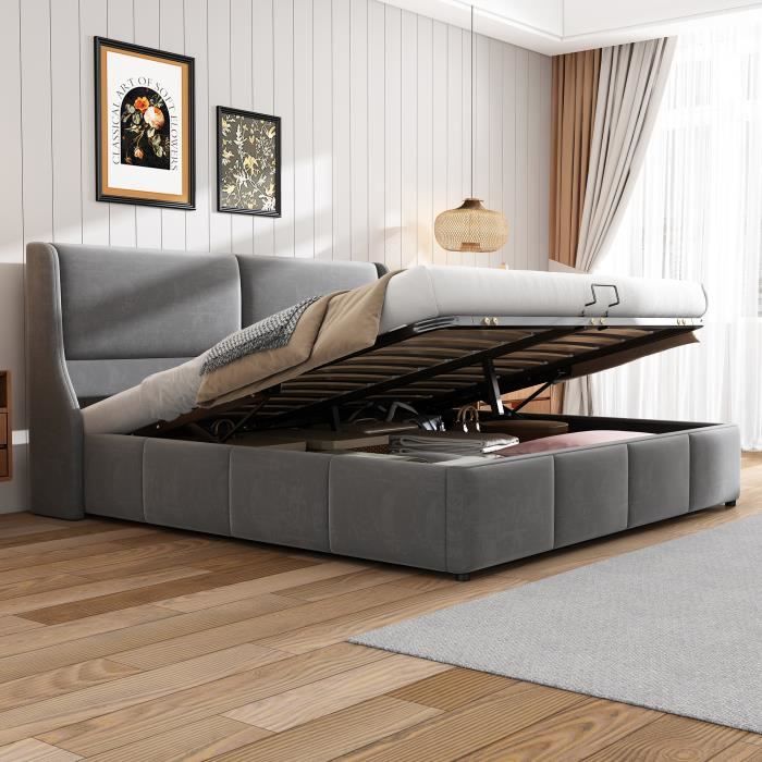 Lit Coffre - Scandinave - 180 x 200 cm - Tissu en flanelle - Cadre en pin - Sommier inclus Lit Coffre - Scandinave - 180 x 200 cm - Tissu en flanelle - Cadre en pin - Sommier inclus