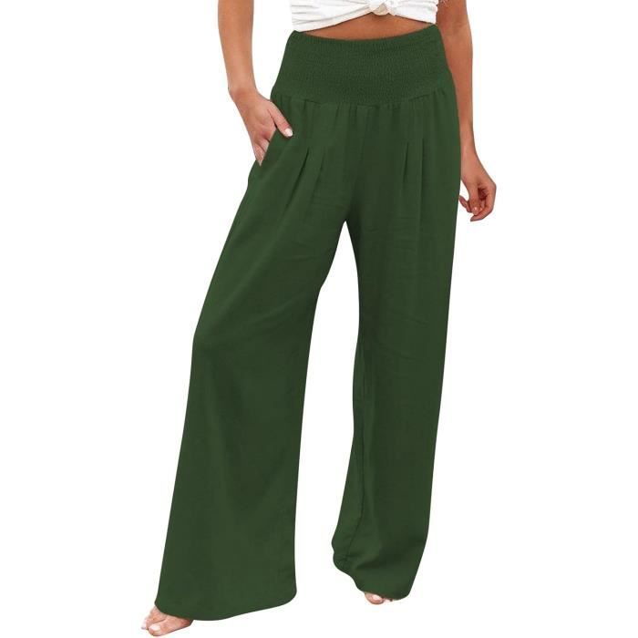Pantalon Fluide Femme Été Coton Lin Taille Haute - Pantalon Large Confortable Avec Poches