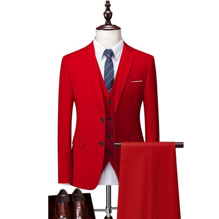 Costume Homme Mariage Slim Fit Rouge Veste Gilet et Pantalon